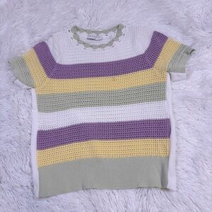 Sandro women short sleeve crew neck open knit striped sweater